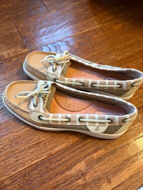 Sperry  Tan and Cream Striped Moccasin Boat Shoes